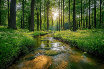 Fototapeta premium Sunlit forest with a peaceful stream and vibrant greenery.