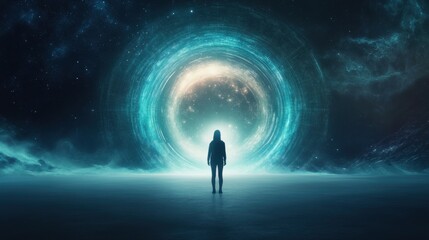 A mystical figure stands before a cosmic portal, surrounded by swirling galaxies and vibrant colors, evoking a sense of wonder and exploration.
