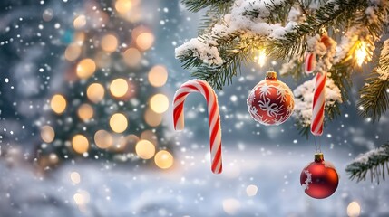 Candy canes and colorful Christmas ornaments