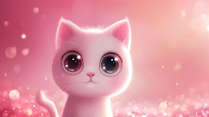 A cute cat character with big, sparkling eyes in the center of a plain pink wallpaper, with soft pastel accents in a kawaii style. 8k UHD, suitable for high-quality printing or digital display. 