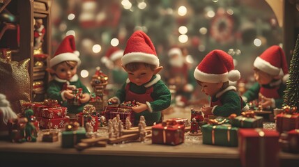 Cheerful elves working in Santa’s workshop