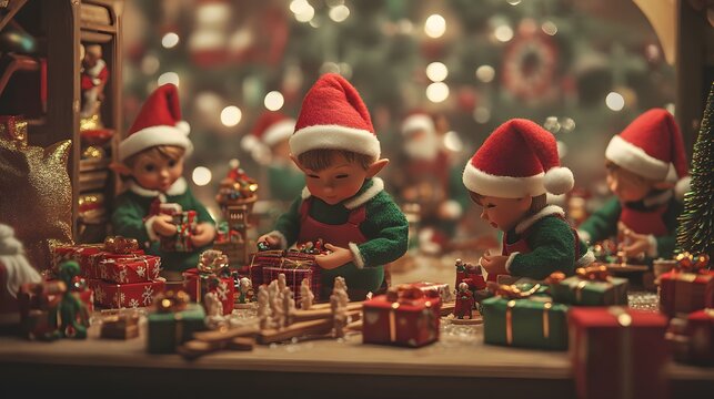 Cheerful elves working in Santa&rsquo;s workshop