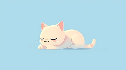Fototapeta premium A cute cat character in a sleeping pose, positioned in the center of a plain light blue wallpaper with a kawaii-style aesthetic, creating a calm and charming design. 8k UHD, suitable for high-quality 