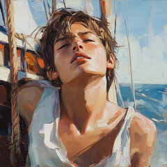 portrait of young sailor meditating with eyes closed