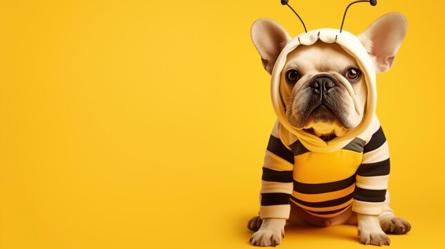 French bulldog in a halloween bee costume. Cute, funny, grumpy dogs dressed as bee. Holiday festive creative pet animal fashion character wallpaper, humorous cartoon greeting card, copy space