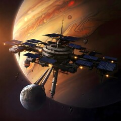 Futuristic Space Station Orbiting a Distant Planet with Moons