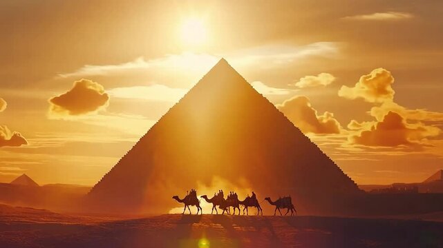 The Great Pyramid of Giza at sunset, with the silhouette of a camel caravan passing by, set against the golden sky