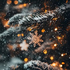 Delicate snowflakes falling softly in front of a glowing Christmas tree