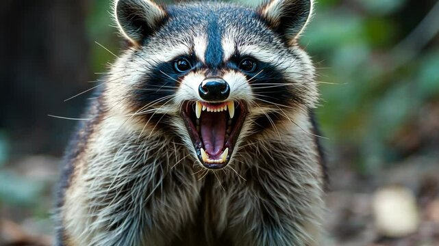 A raccoon with a black mask snarls with its mouth open and teeth bared, showing its aggression