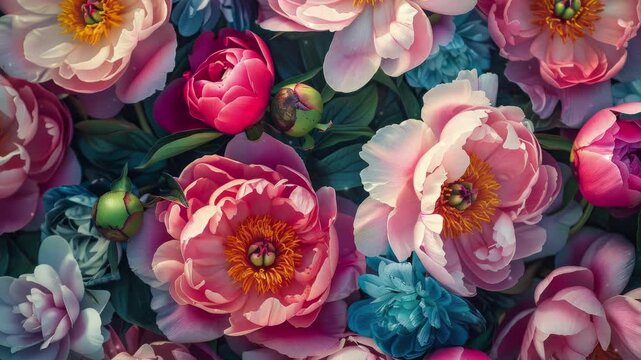 Bouquet of peony. Floral top view