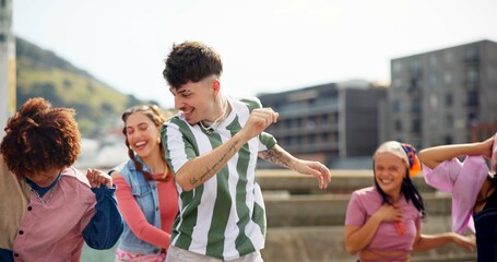 Happy, group and people for dancing outdoor with movement, creative rhythm and hip hop performance....