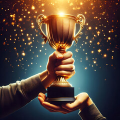 Winner prize goblet, Hand holding gold trophy cup. Winner trophy award.
