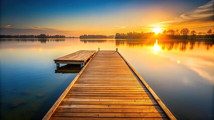 Obraz premium Tranquil lake dock at golden hour with warm reflections
