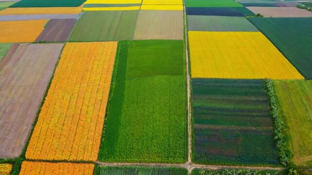 An aerial view of a farm showing variable-rate technology in action, with different colors indicating areas of fertilizer and water application
