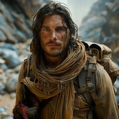 Obraz premium Intense Portrait of a Rugged Explorer in the Wilderness