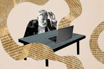Creative collage picture elder man online book reader novel text page laptop digital device...