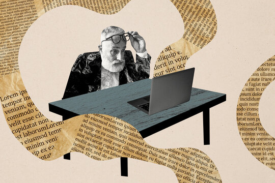Creative collage picture elder man online book reader novel text page laptop digital device computer web drawing background