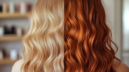 Fototapeta premium Before-and-after close-up of curly hair, showing the transition from dry and frizzy to soft, hydrated curls after a honey mask treatment, Photorealistic, Natural Lighting