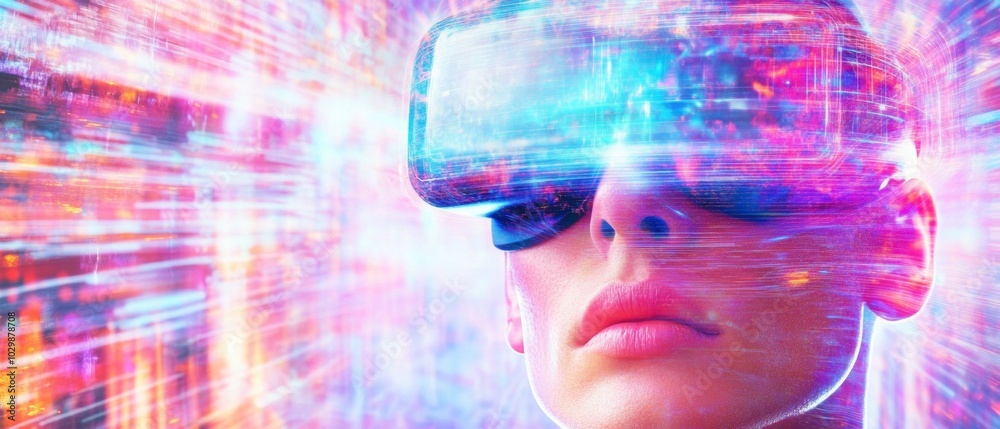Poster woman immersed in futuristic virtual reality experience with vibrant abstract glowing patterns