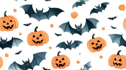 Fototapeta premium Halloween-themed bats and pumpkins on a white background.
