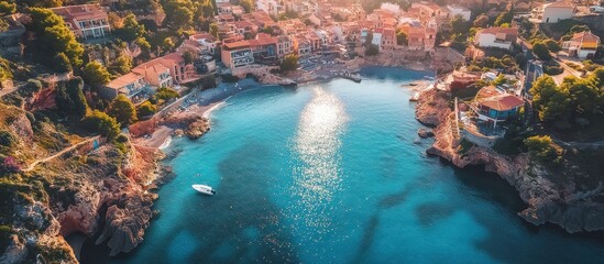 Obraz premium Aerial view of a small town on the coast with a turquoise sea and a small boat.