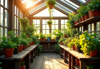 Radiant Indoor Garden: Sunlight Streaming Through Glass Roofs, Showcasing Colorful Flowers and Orderly Plant Arrangements in a Cozy Atmosphere
