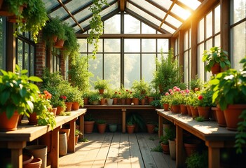 Sunlit Greenhouse Oasis: A Cozy Indoor Garden with Lush Foliage and Terracotta Pots for a Vibrant Botanical Experience
