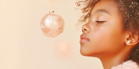 Naklejka premium Dreamy African American Girl at Christmas, Gazing at Glittering Ornament in Warm Festive Glow