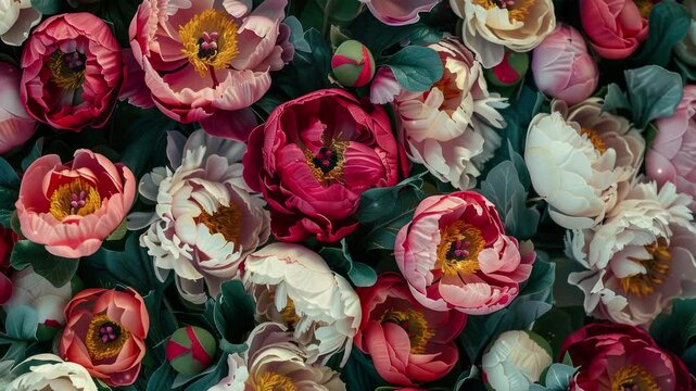 Bouquet of peony. Floral top view. Video of beautiful peony flower