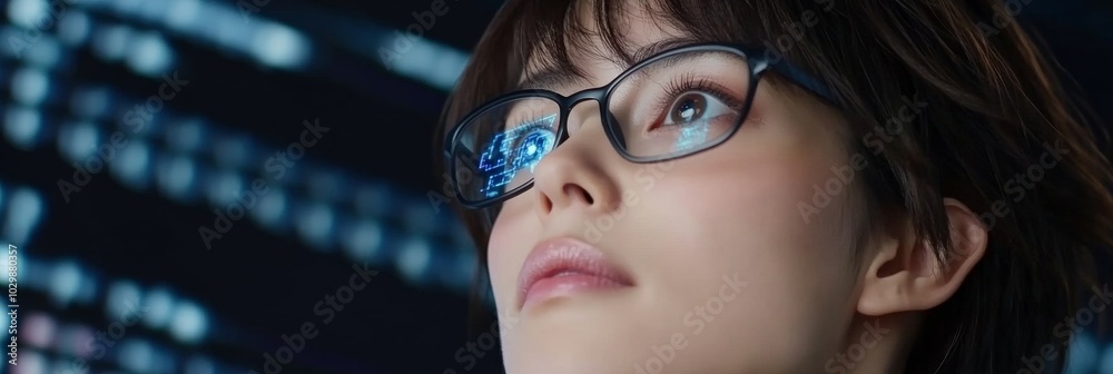 Poster east asian data scientist analyzing ai hologram in high-tech lab during morning