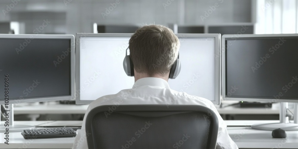 Poster technology professionals in modern office using transparent devices and glass elements in contempora