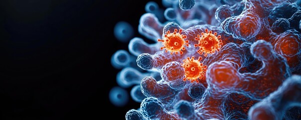 Obraz premium Close-up view of virus structure with glowing elements on a dark background.
