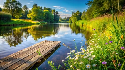 Obraz premium Tranquil riverbank with wildflowers and wooden dock