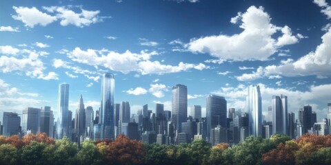 Fototapeta premium Futuristic Chrome Cityscape Blending with Autumn Trees under a Clear Blue Sky