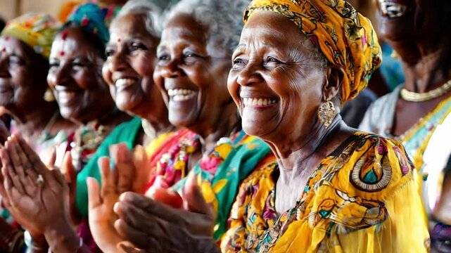 A group of African women, adorned in vibrant clothing, share a moment of pure joy and camaraderie, their radiant smiles capturing the spirit of community and cultural richness.The imag