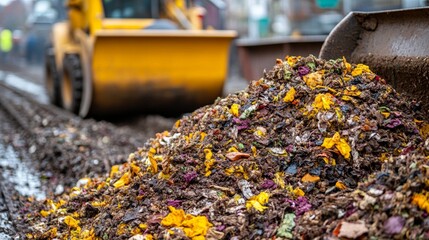 Naklejka premium Compost Heap with Yellow Loader in Background Recycling Sustainable Organic Waste Man