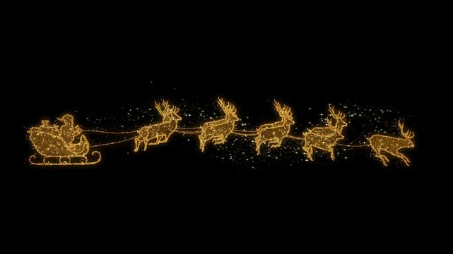 Golden Santa Claus on sleigh with Christmas gifts and nine 9 reindeers pulling the sledge loop