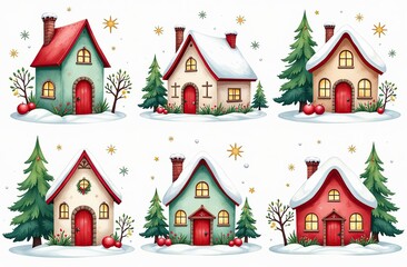 Fototapeta premium Large set of hand-drawn watercolor illustrations on the theme of Christmas. Cozy Christmas houses. Stars, snowflakes, spruce and branches, festive mood for stickers, decorations, design