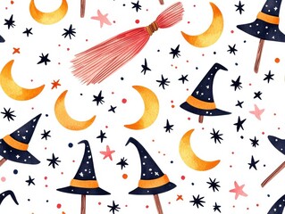 Whimsical witch hats and moons pattern on white background