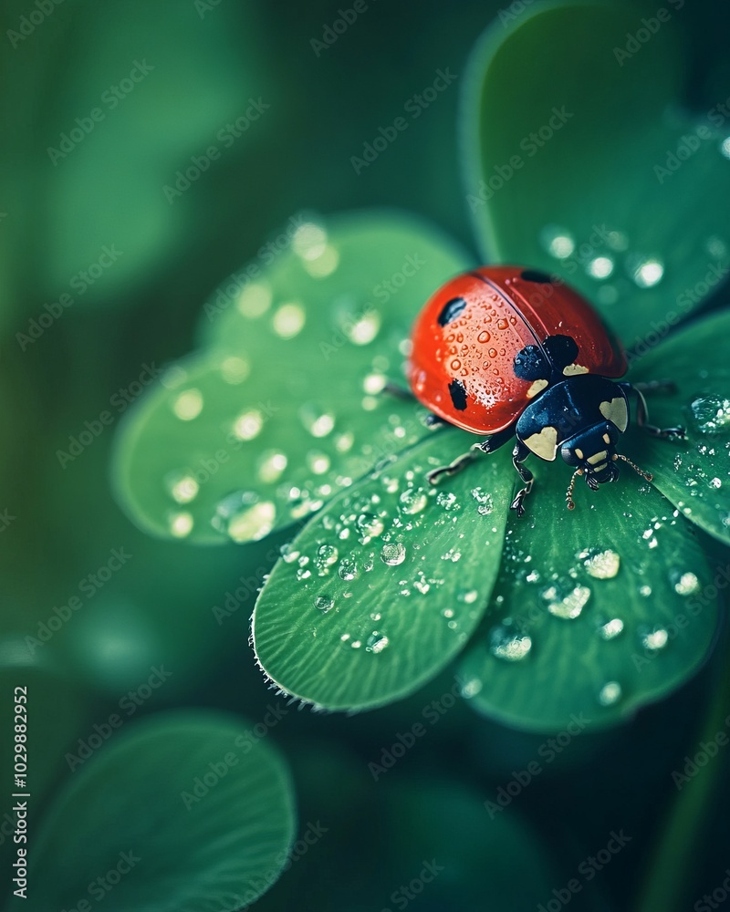 Wall mural A red ladybug sits on a green clover leaf with dew drops.