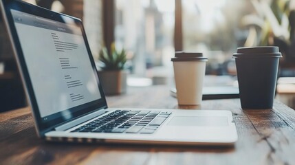 Fototapeta premium Laptop Coffee and Workspace in Cafe Minimalist Lifestyle Concept