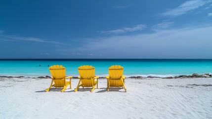 Three Yellow Chairs Facing Turquoise Ocean on White Sand Beach