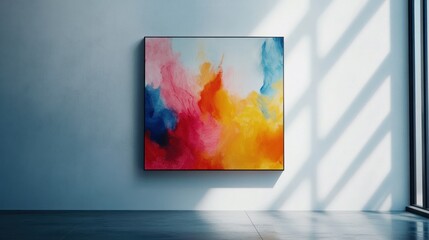 Abstract colorful painting on a white wall with a window and sunlight casting shadows.
