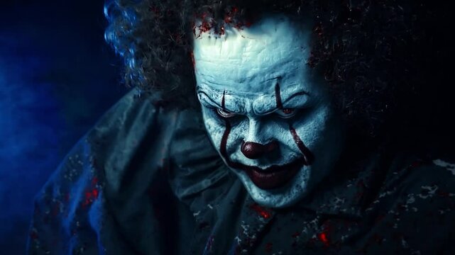A close-up of a sinister clown face, with exaggerated makeup and a menacing smile in dim lighting