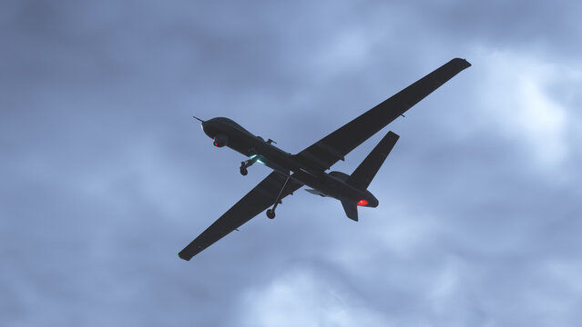 Army drone flying in dark sky . Unmanned combat aerial vehicle.