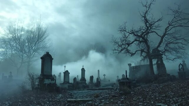 A haunted graveyard scene at night with fog rolling over ancient tombstones and skeletal trees