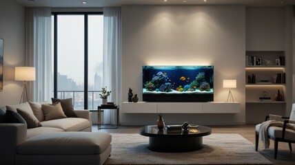 Modern living room interior with a large fish tank on the wall, a sofa, and a coffee table.