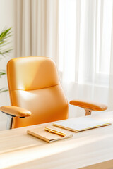 Warm Workspace with Leather Office Chair, Sleek Wooden Desk, Beige Notebooks, and Minimalist Design for a Clean, Organized Look