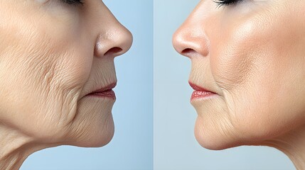 Obraz premium Before-and-after blog showcasing wrinkle reduction around the mouth area with various treatments, from fine lines to deep creases, High-Resolution, Realistic, Soft Lighting