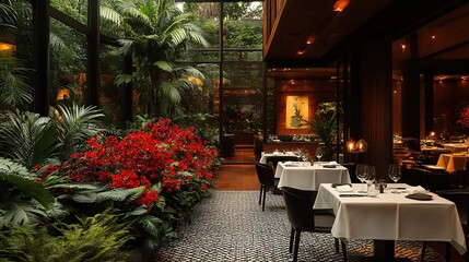 Imagine a romantic dinner scene in a high-end Brazilian restaurant with a nocturnal ambiance.